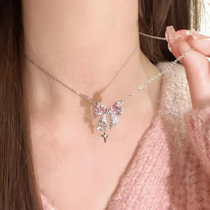 New design bow pink zircon cross pendant necklace